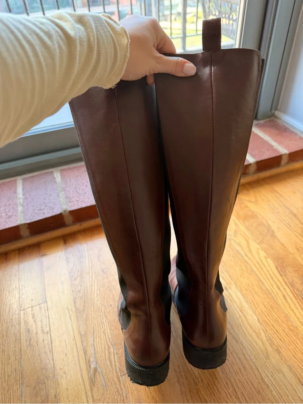 STAUD Dark Brown Leather Over-the-Knee Boot with Black Stretch Panel